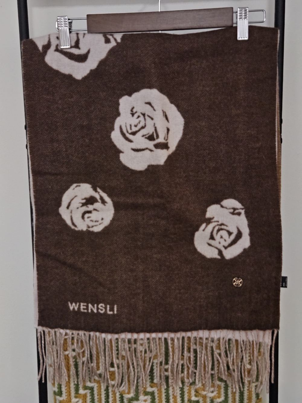 Brown Rose Pattern Fringe Scarf Wrap